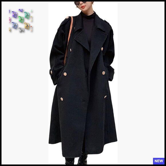 Double Breasted Wool Pea Coat Classic Notch Lapel Midi Long Winter Trench